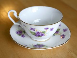 Clarence Fine Bone China Tea Cup & Saucer,  White With Purple Violets,  Numbered