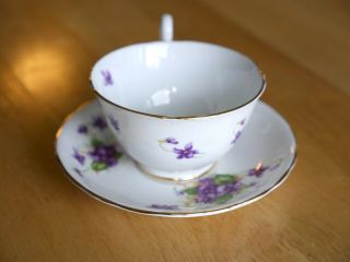 CLARENCE Fine Bone China Tea Cup & Saucer,  White With Purple Violets,  Numbered 2