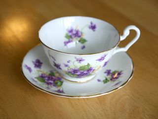 CLARENCE Fine Bone China Tea Cup & Saucer,  White With Purple Violets,  Numbered 3