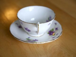 CLARENCE Fine Bone China Tea Cup & Saucer,  White With Purple Violets,  Numbered 4