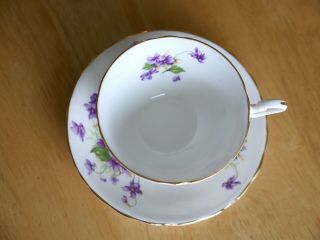 CLARENCE Fine Bone China Tea Cup & Saucer,  White With Purple Violets,  Numbered 5