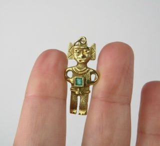 18k Rich Yellow Gold Green Emerald Tribal Mayan Human Figure Pendant 5.  8 Grams