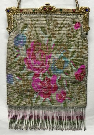 Antique French Micro Bead Purse,  Victorian Floral Design,  Jeweled Frame,  Fringe