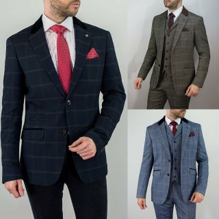 Cavani Mens 3 Piece Designer Connall Tweed Check Smart Vintage Slim Fit Suit