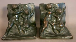 (2) Antique Art Nouveau Era Bronzed Figural Nude Putti Relief Statue Old Bookend