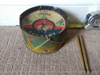 Antique Father Of Our Country George Washington Tin Litho Drum Cowboys Indians