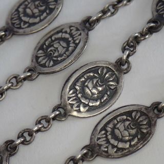Long Antique Edwardian Art Deco 800 Fine Silver Rose Flower Chain Necklace