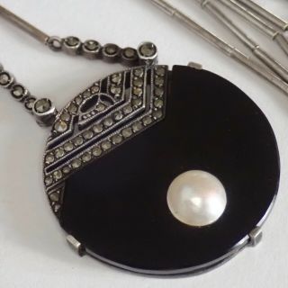 Vintage High Art Deco 935 Sterling Silver Marcasite Onyx Pearl Pendant Necklace