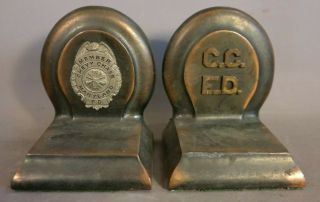 Antique Art Deco Era Chevy Chase Md Fire Department Old Fireman Badge Bookends