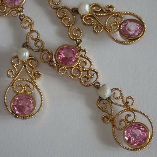 Antique Edwardian Gold Filled Filigree Pink Spinel Paste Pearl Necklace