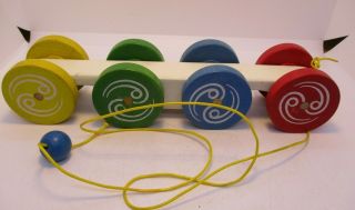 Holgate Wood Pull Toy Vintage 8 Wheels Yellow Green Blue Red