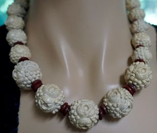 Antique Chinese Carved White Cinnabar Lacquer Bead Necklace Red Cinnabar Spacers 2