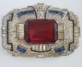 Art Deco Trifari Rhodium Plate Enamel Sapphire Ruby Crystal Rhinestone Brooch