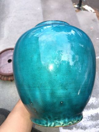 Antique Chinese Crackled Turquoise Glazed Vase / Jar With Old Stand