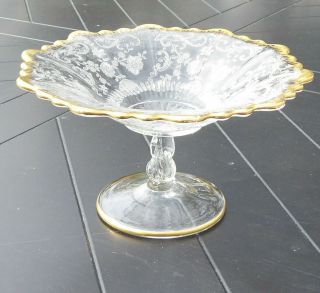 Antique Glass Compote Fruit Bowl Pedestal Pressed Gold Rim