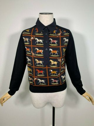 Authentic Hermes Vintage Silk&knit Polo Shirts Pullover Horse Black Size38 Ab