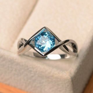 Art Deco Vintage 1.  25ct Blue Round Cut Moissanite Engagement Ring 14k White Gold