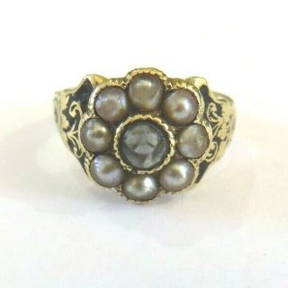 Antique Victorian 18ct Gold Black Enamel & Seed Pearl Mourning Ring Uk Size F