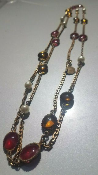 Vintage 1984 Chanel Red & Yellow Gripoix Necklace Faux Pearl Gold Tone 32in Long