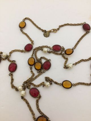 VINTAGE 1984 CHANEL Red & yellow Gripoix Necklace faux pearl Gold tone 32in long 8