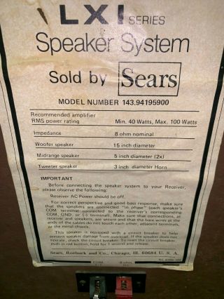 RARE Vintage LXI Series Speaker System Set by Sears Model:143.  94195900 6