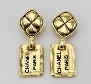 Authentic Vintage Chanel Gold Quilted Logo Name Plate Drop Dangle Earrings