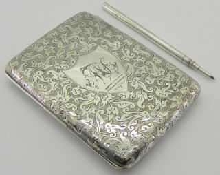 Victorian Solid Silver Card Case / Wallet & Pencil,  113gr,  Chester 1901,  By Rb.