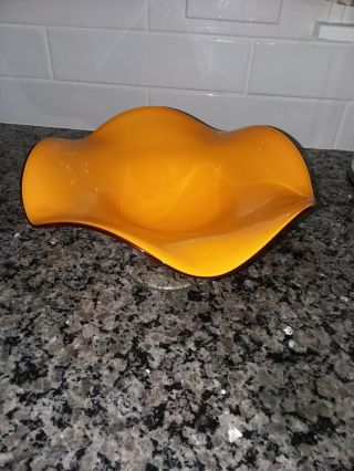 Compote Teleflora Cased Orange Hand Blown Art Glass Ruffled Pedestal Bowl Dish