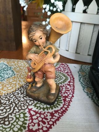 17.  Germany Carved Wood Figures By Heinzeller / Oberammergau / Boy Playing Horn