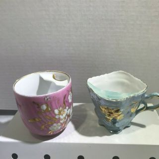 Mustache Cups Vtg Set Of 2 Pink Blue Gold Trims 3 In Floral Ceramic Handpainted