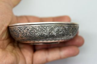 Antique Hand Engraved Persian Silver Low Bowl with 5000 Dinar Coin Signed 4