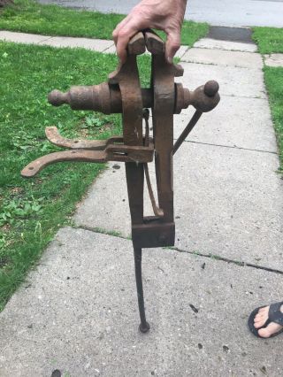 Antique Vintage Blacksmith Post Leg Vise,  4” Jaw.  41” Total Length.  Forging Tool