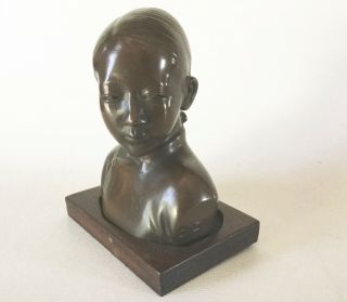 Signed Dc French Indochina Bronze Bust Of A Vietnamese Girl Ducam Sculpture Vtg