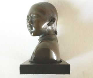 Signed DC French Indochina BRONZE Bust of a Vietnamese Girl DUCAM Sculpture Vtg 8
