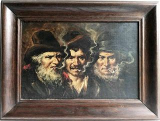 Antique Oil Painting On Canvas With Frame " Wanted Three Cow Boys " 1870 Circa