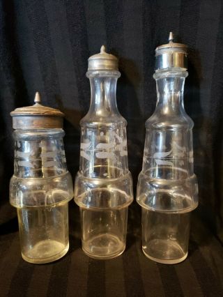 Vintage Salt & Pepper Shakers Etched Glass With Metal Lids