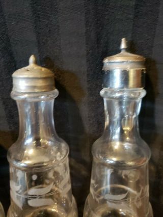 Vintage Salt & Pepper Shakers etched glass with metal lids 2