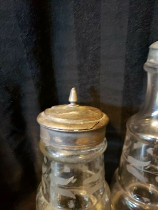 Vintage Salt & Pepper Shakers etched glass with metal lids 3