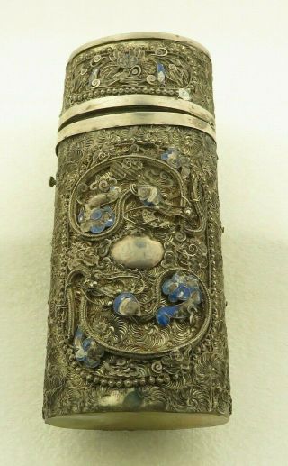 Antique Chinese Silver Filigree & Enamel Overlay On Base Metal Hinged Canister.