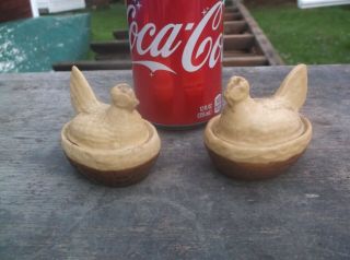 Pair Early Antique Chicken Hen On Nest Miniature Yellow Ware