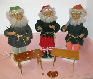 Vintage 3 Santa Elves Motionettes Animated Decoration Elf Motion Telco Christmas