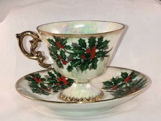 Vintage Ucagco Japan Tea Cup And Saucer Holly Berry Iridescent Set
