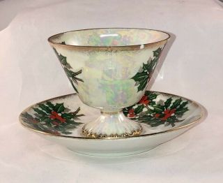 Vintage Ucagco Japan Tea Cup and Saucer Holly Berry Iridescent Set 2