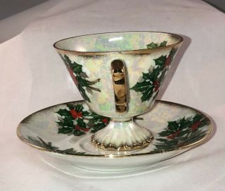 Vintage Ucagco Japan Tea Cup and Saucer Holly Berry Iridescent Set 4