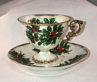 Vintage Ucagco Japan Tea Cup and Saucer Holly Berry Iridescent Set 5