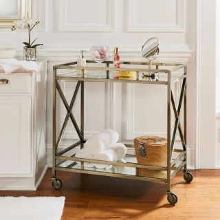 Metropolitan Antique Brass Metal Mobile Bar Cart With Mirror Glass Top By Q 2