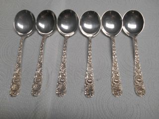 Set Of 6 Repousse Sterling Silver 6 1/8 " Round Soup Spoons No Mono
