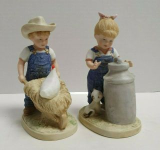 Antique Porcelain Denim Days 1501 Figure Set Farm Boy And Girl 1985 Vintage - W