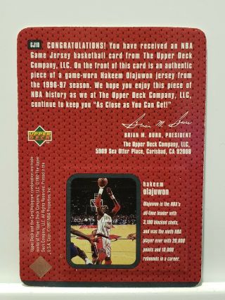 1997 Upper Deck Game Jersey Hakeem Olajuwon Patch GJ10 SSP 1:2500 Packs Rare 2