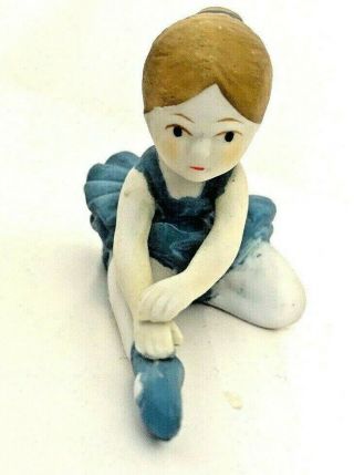 Vintage Porcelain Figurine Girl Ballerina Stretching Sitting Brunette Blue Tutu